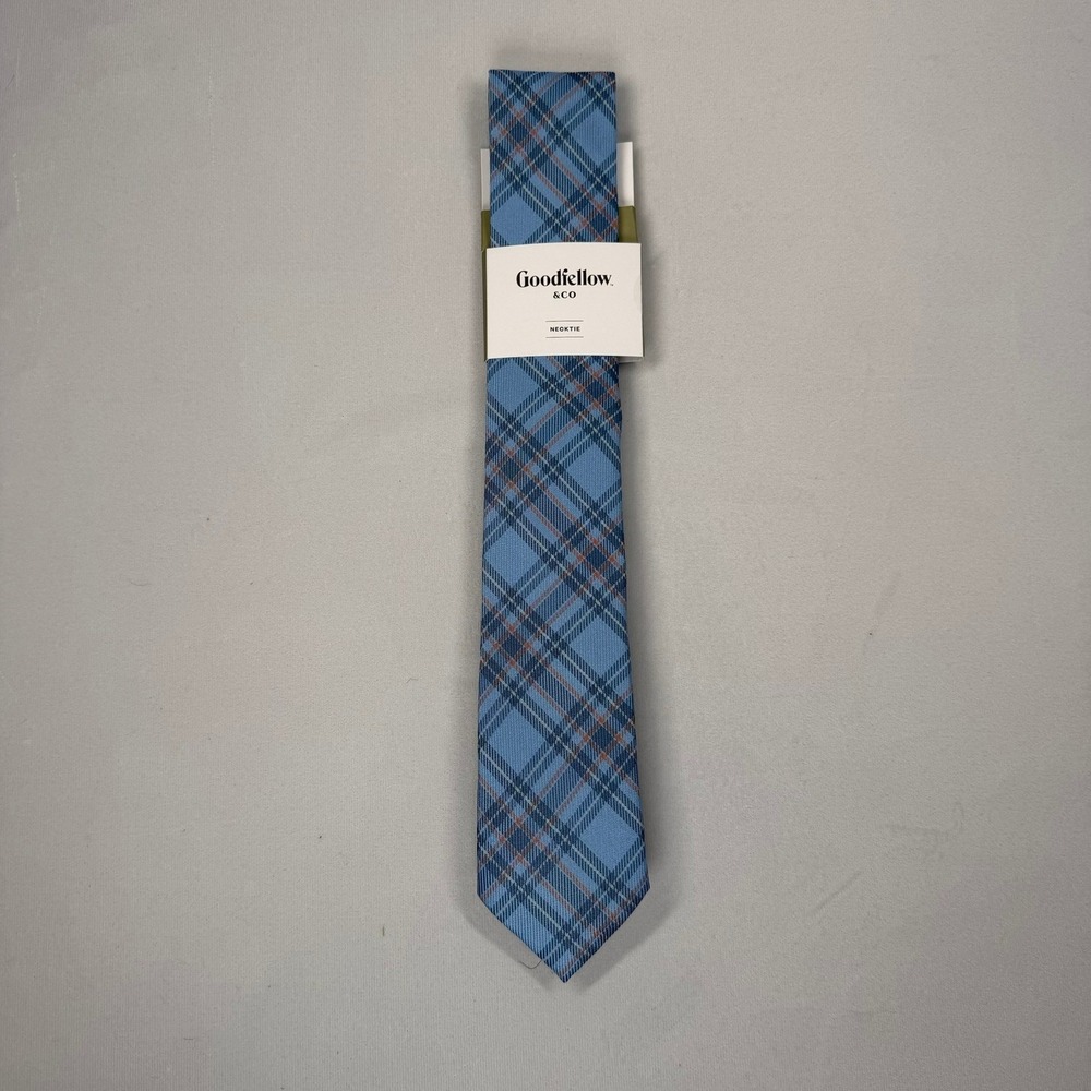Goodfellow & Co Mens Plaid Necktie Blue Orange Check Recycled Polyester Tie New